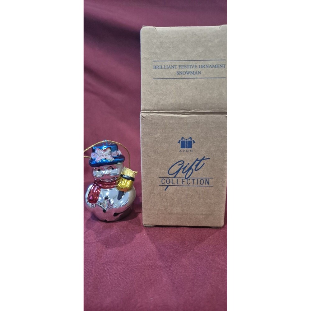 New AVON European Glass Brilliant Snowman Ornament Metallic Shiny 2.5" Christmas